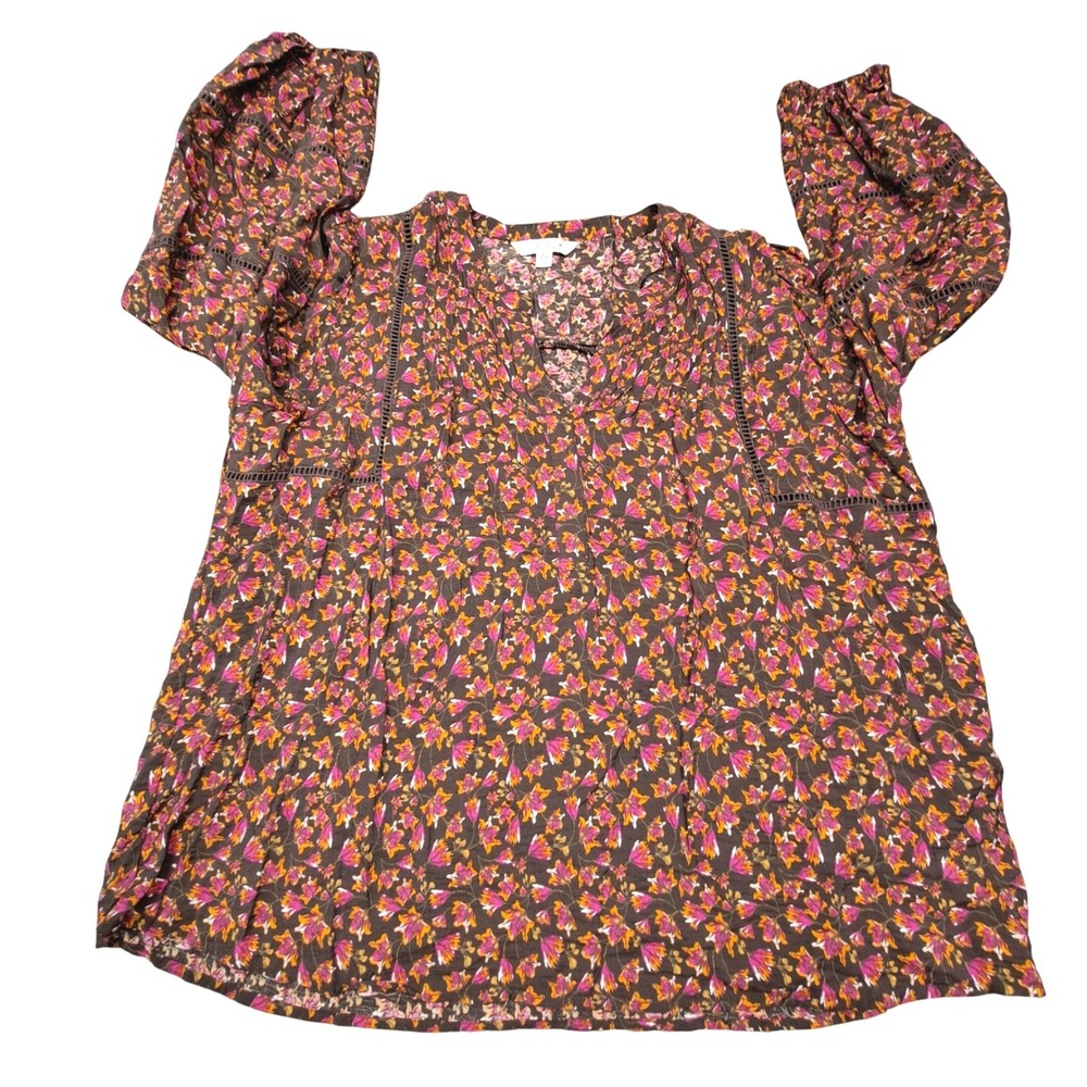 The Pioneer Woman Floral Puff Sleeve Blouse Brown Pink XL TPW24S32018